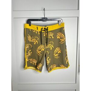 Hurley Mens Board Shorts Tiger Print Olive Green‎ Yellow Size 30 Swim Trunks
